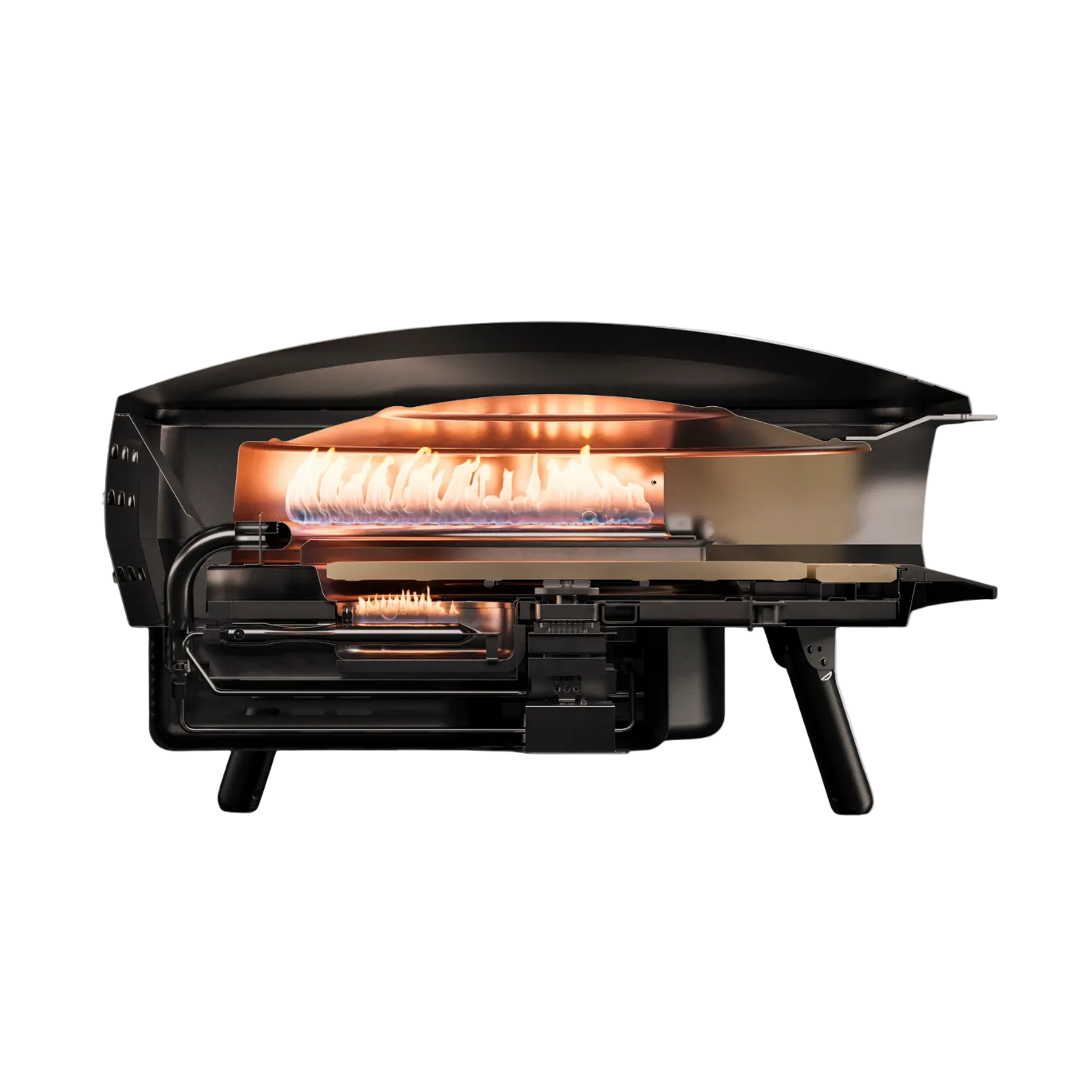 Portable gas grill with open lid on a white background