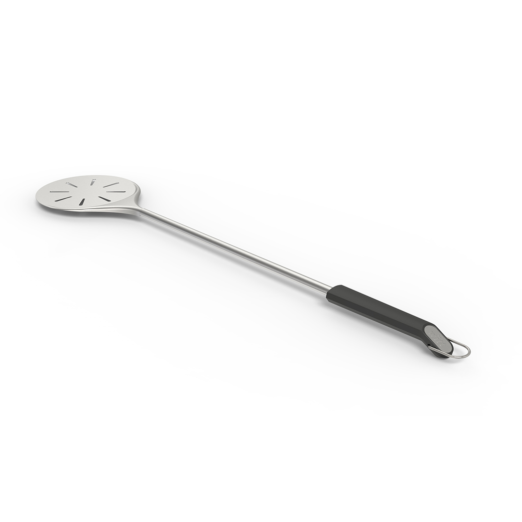 Side view Witt Steel pizza Turning peel with a black handle on a white background