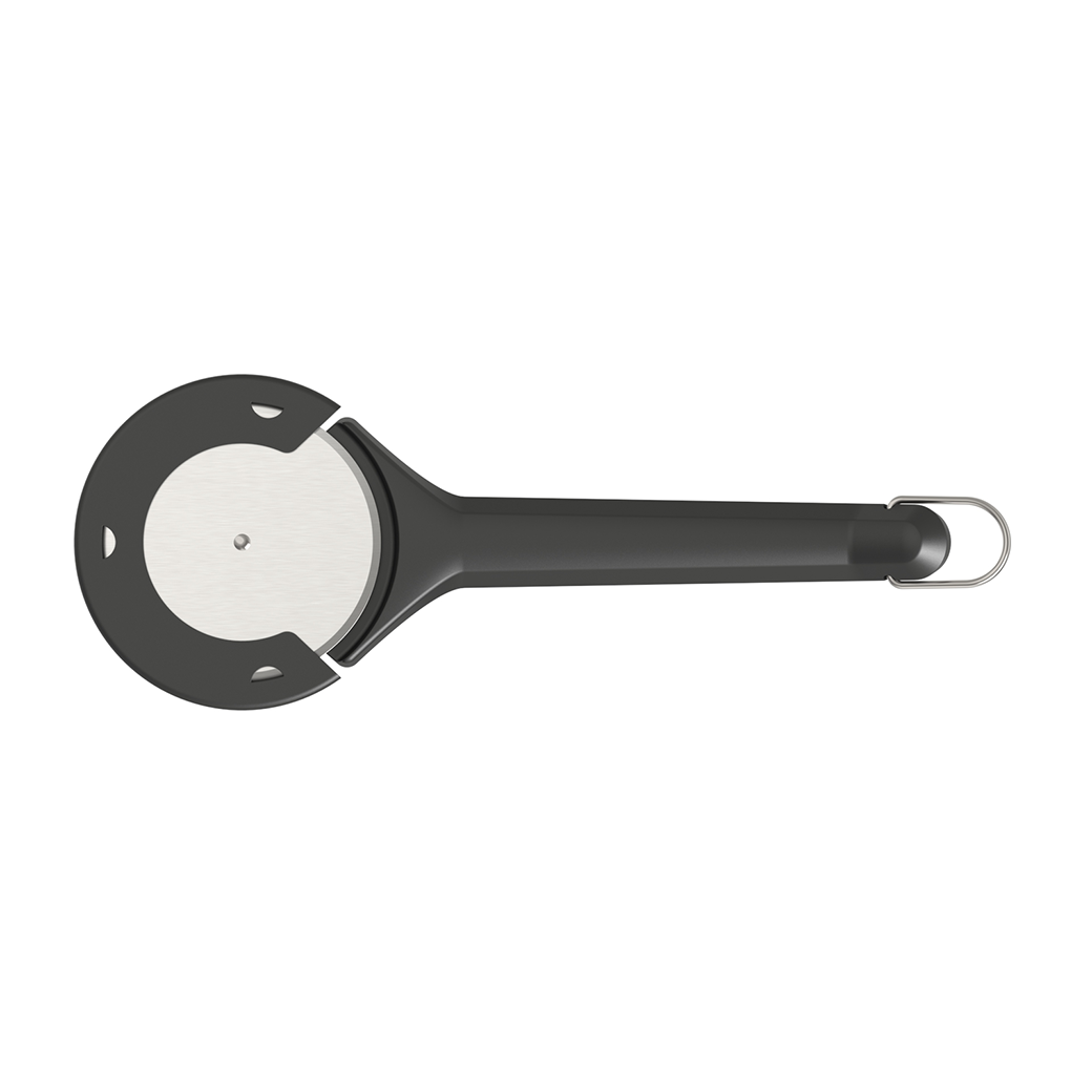 Top view of Witt Black pizza cutter with a white wheel on a white background