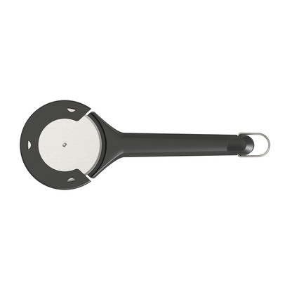 Top view of Witt Black pizza cutter with a white wheel on a white background