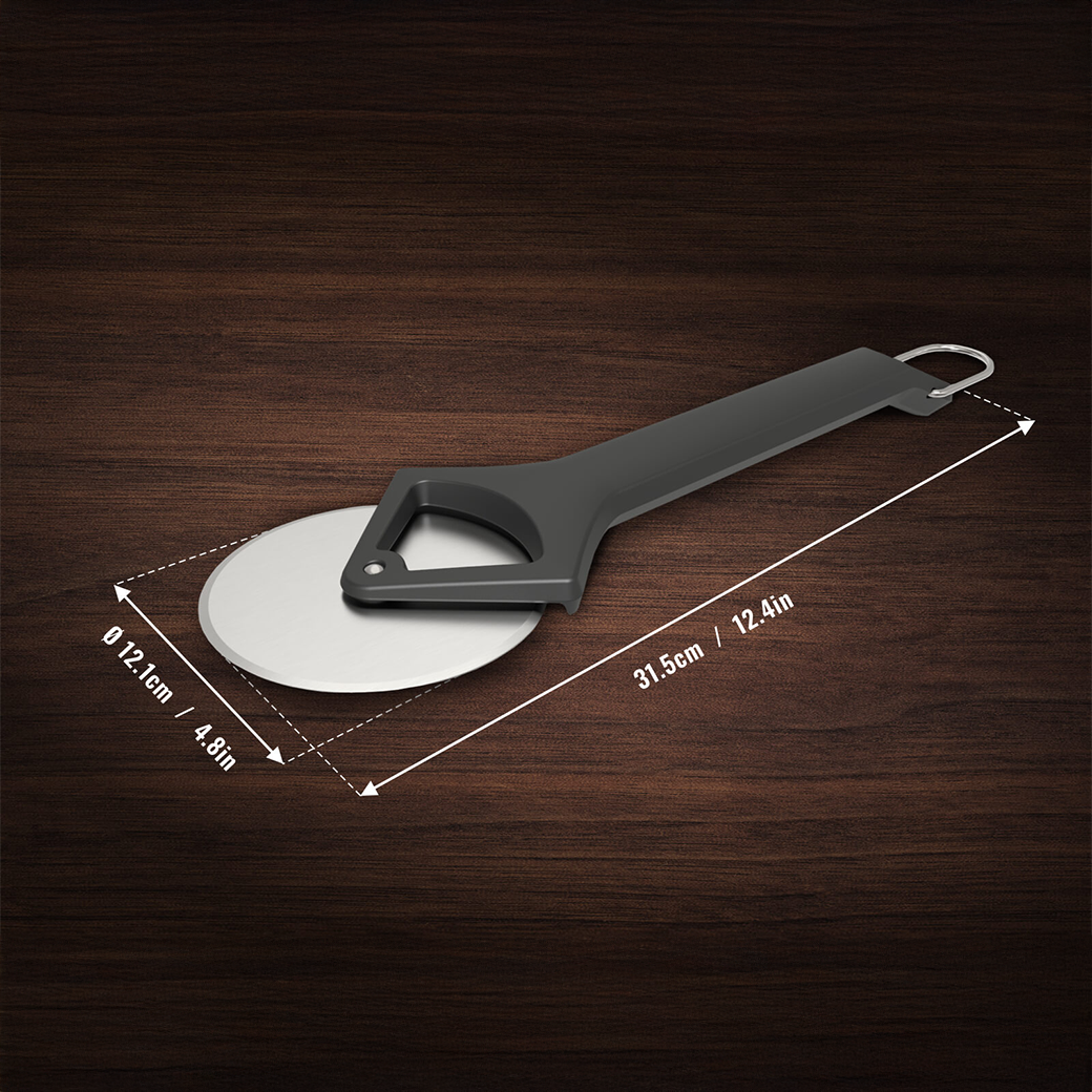 Dimension of Witt Black pizza cutter with a white wheel on a wood background