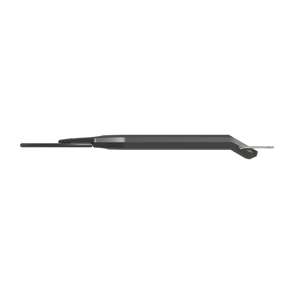 Side view of Witt Black pizza cutter with a white wheel on a white background