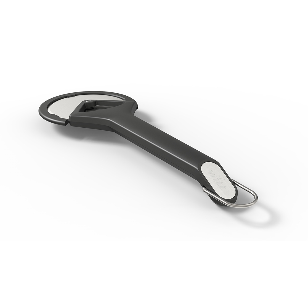 Side view of Witt Black pizza cutter with a white wheel on a white background