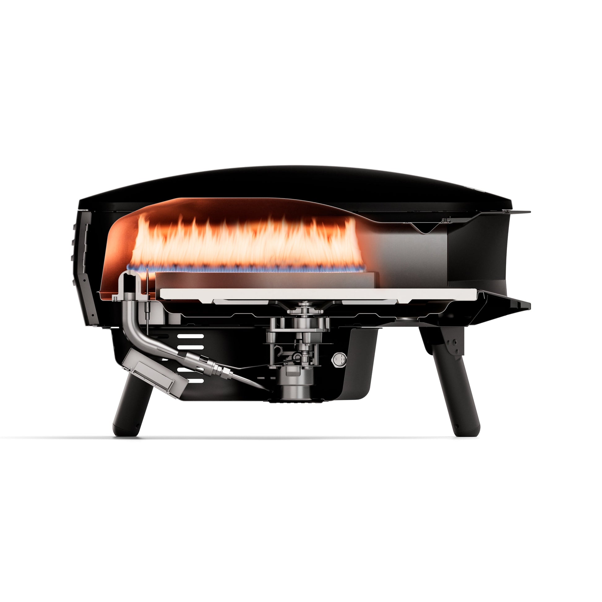 Inside the Witt Etna Fermo portable gas Pizza oven with visible flame on a white background