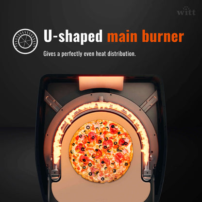 Pizza being cooked in a pizza oven with a U-shaped main burner highlighted.