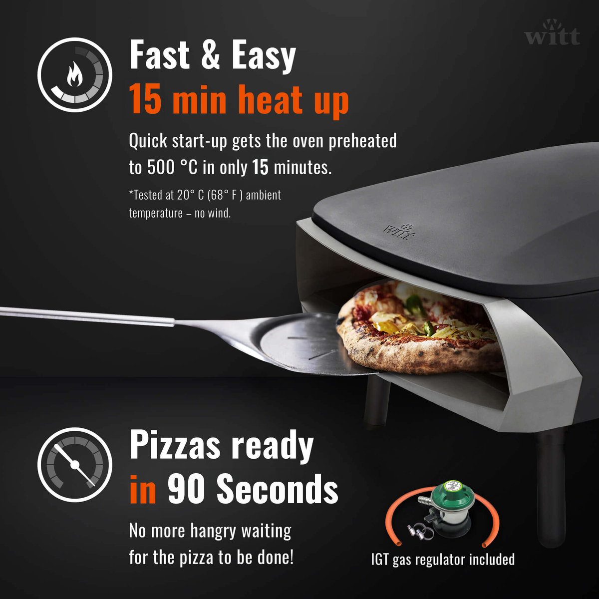 Witt pizza oven with a pizza inside, featuring text about fast heat-up time and quick pizza preparation.