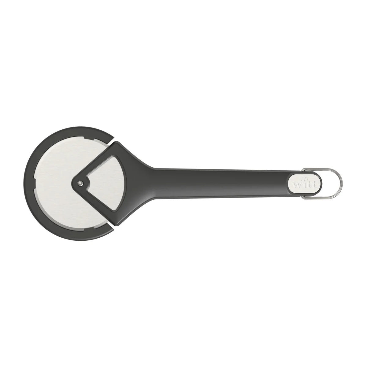 Witt Black pizza cutter with a white wheel on a white background