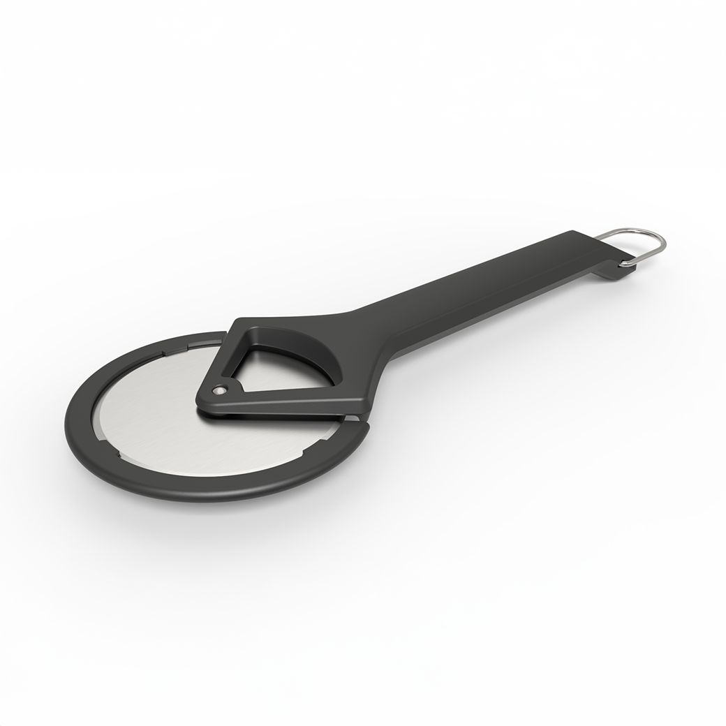 Witt Black pizza cutter with a white wheel on a white background