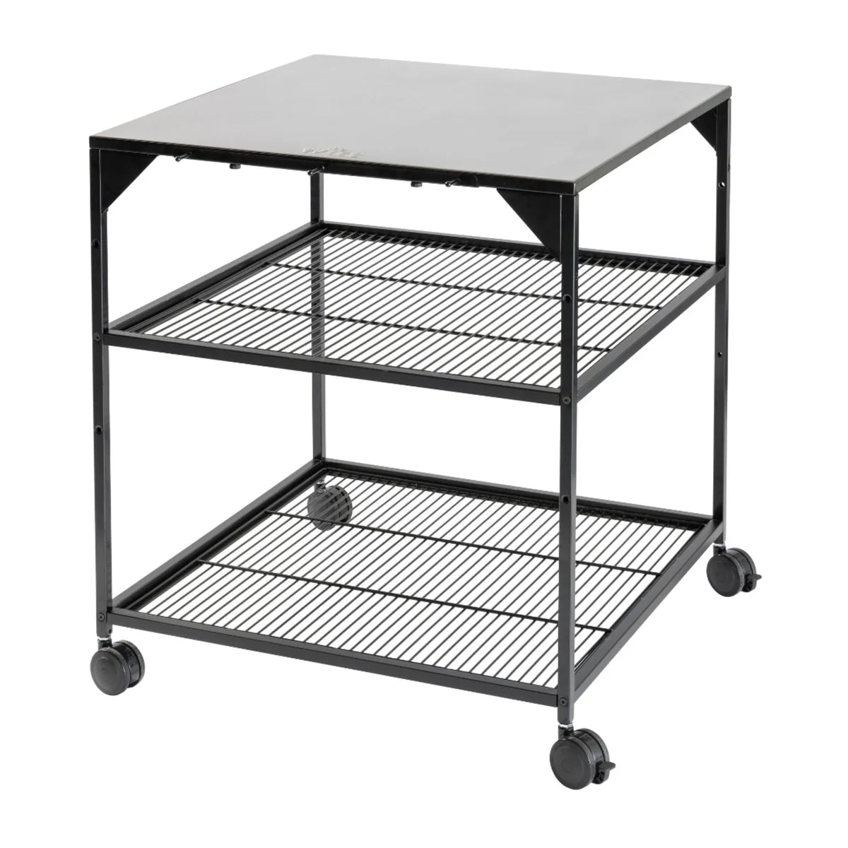 A Witt Black metal rolling cart with two wire shelves on a white background