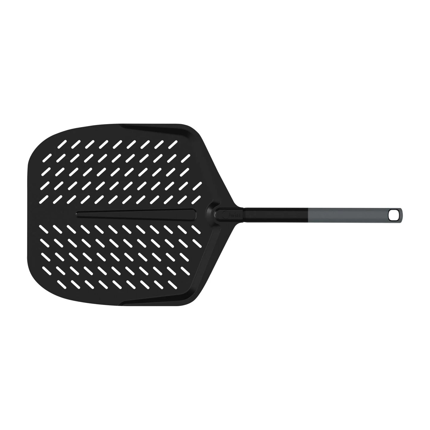 Witt Soft Grip Pizza Peel, a Black pizza peel with perforated design on a white background